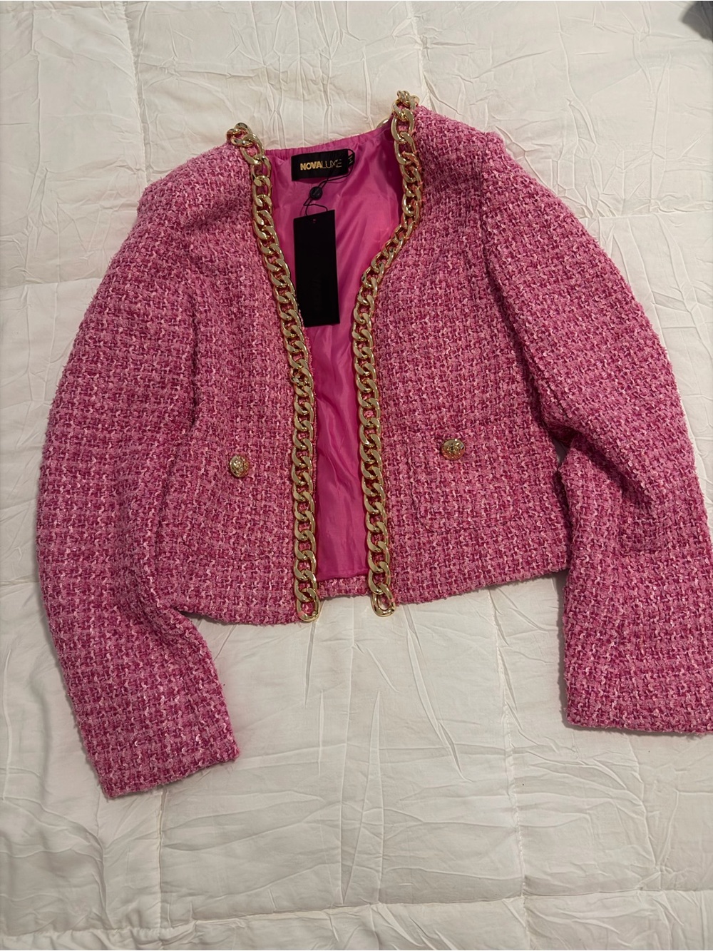 Fashion Nova Pink Tweed Cropped Chain-Trim Jacket